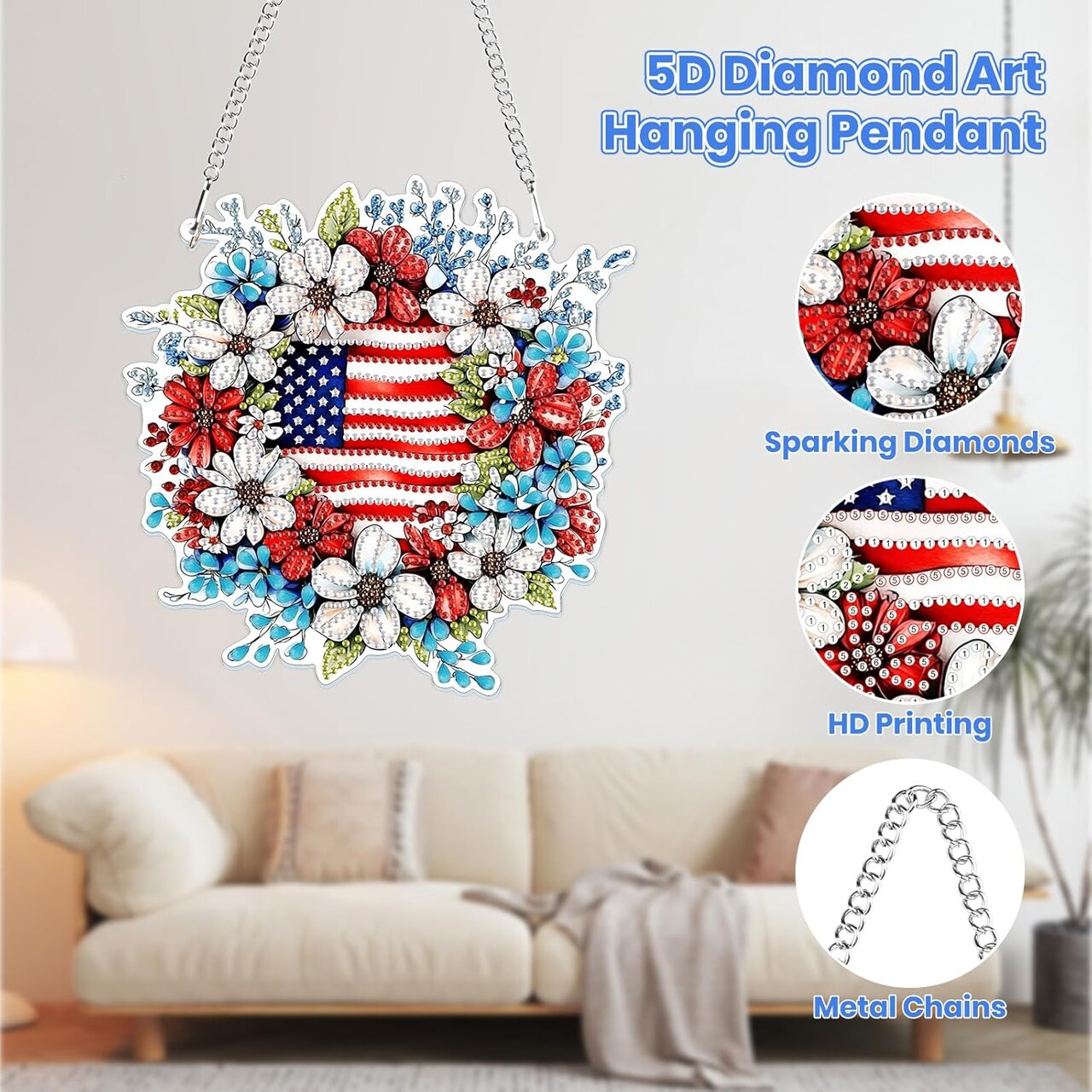 Wreath Diamond Art Hanging Pendant Kits, 5D Special Shape Independence Day Diamond Art Kits Wall Decor